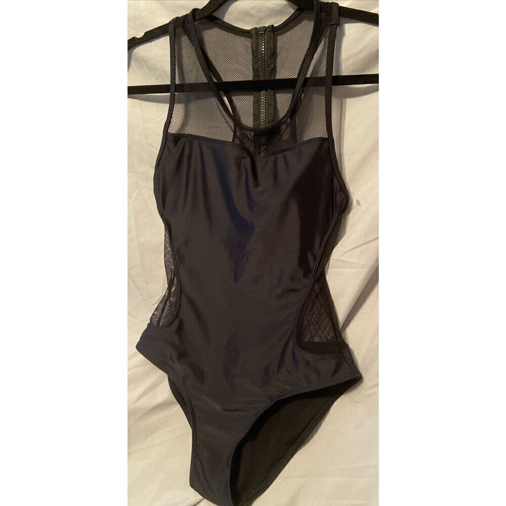 Ladies Top Melon One Piece Black Swimsuit Mesh On Front And Back Size Medium